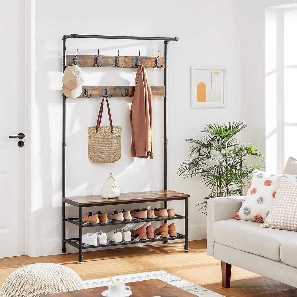 VASAGLE Coat Rack and Storage Bench, Hall Tree with 9 Hooks, Steel Frame