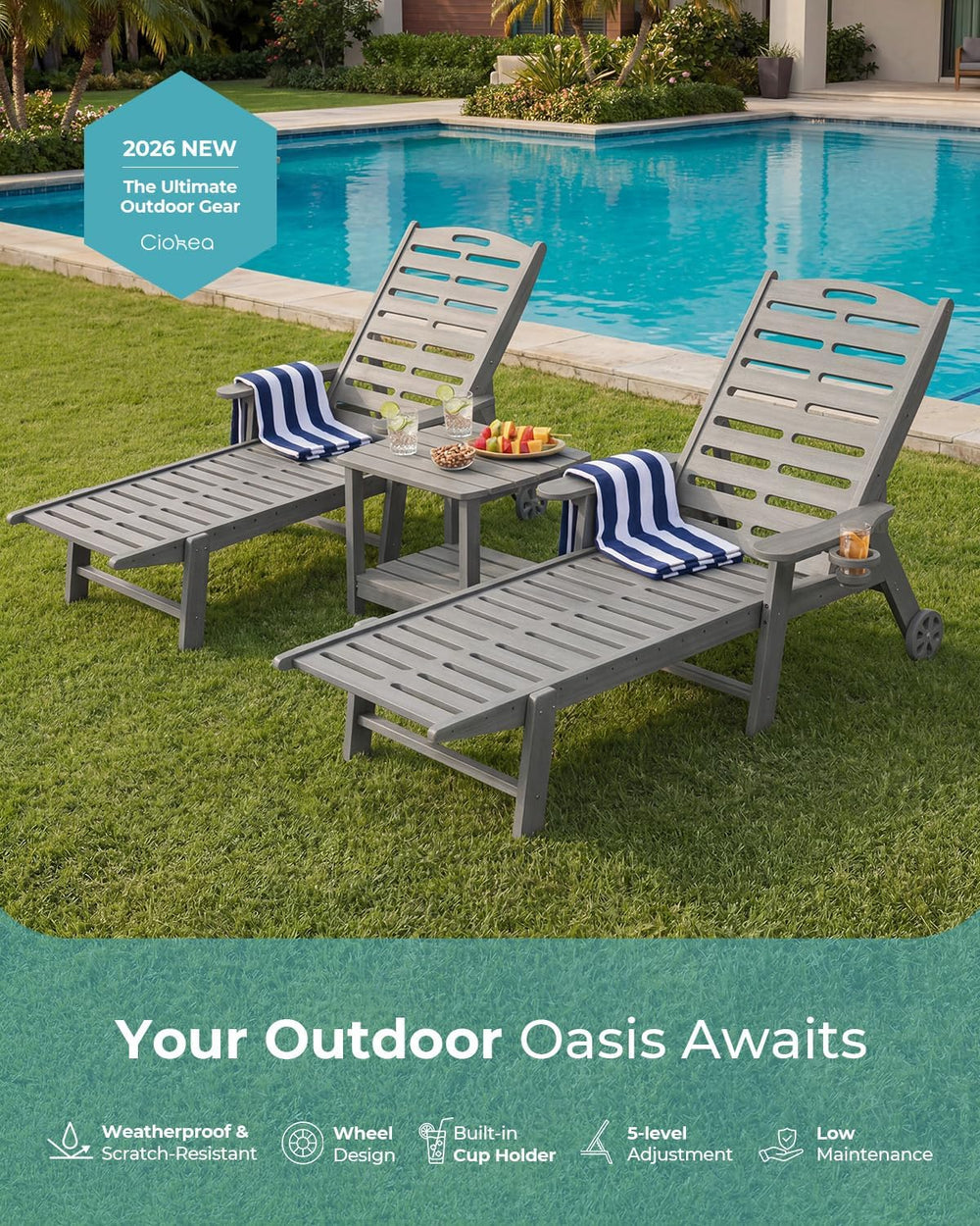 Ciokea Outdoor Chaise Lounge Chair, 5-Position Adjustable, Grey