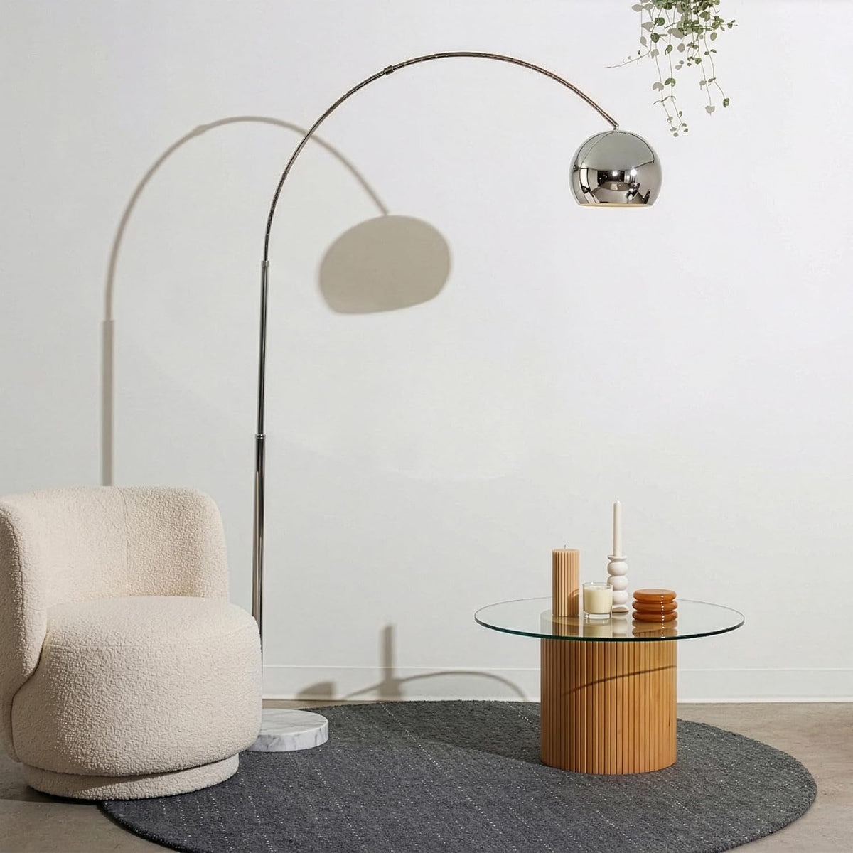 Brightech Olivia Floor Lamp - Chic Arc Lamp with Rounded Spolight Head and Marble Base for Living Room, Tall Standing Lamp with LED Light Bulb for Bedroom Reading, Boho Home Decor for Office - Chrome