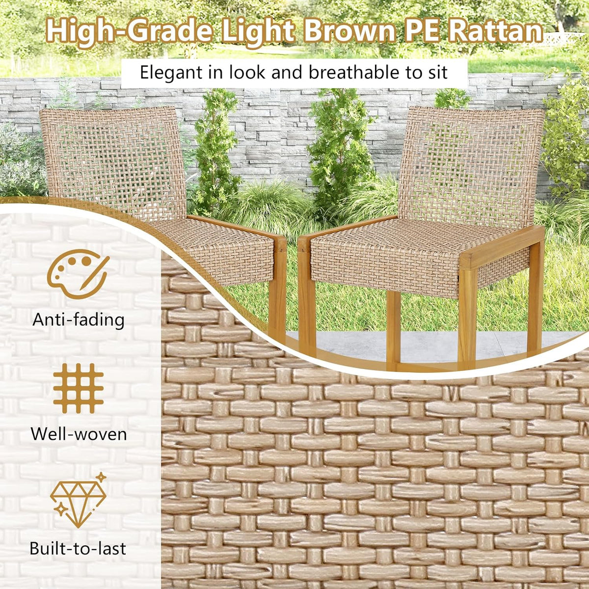 Tangkula Patio Wood Barstools Set of 2, PE Rattan Bar Height Chairs with Backrest, Stable Metal Frame, 400 lbs Max Load, Light Brown PE Wicker Bar Chairs for Porch, Backyard, Balcony (2)