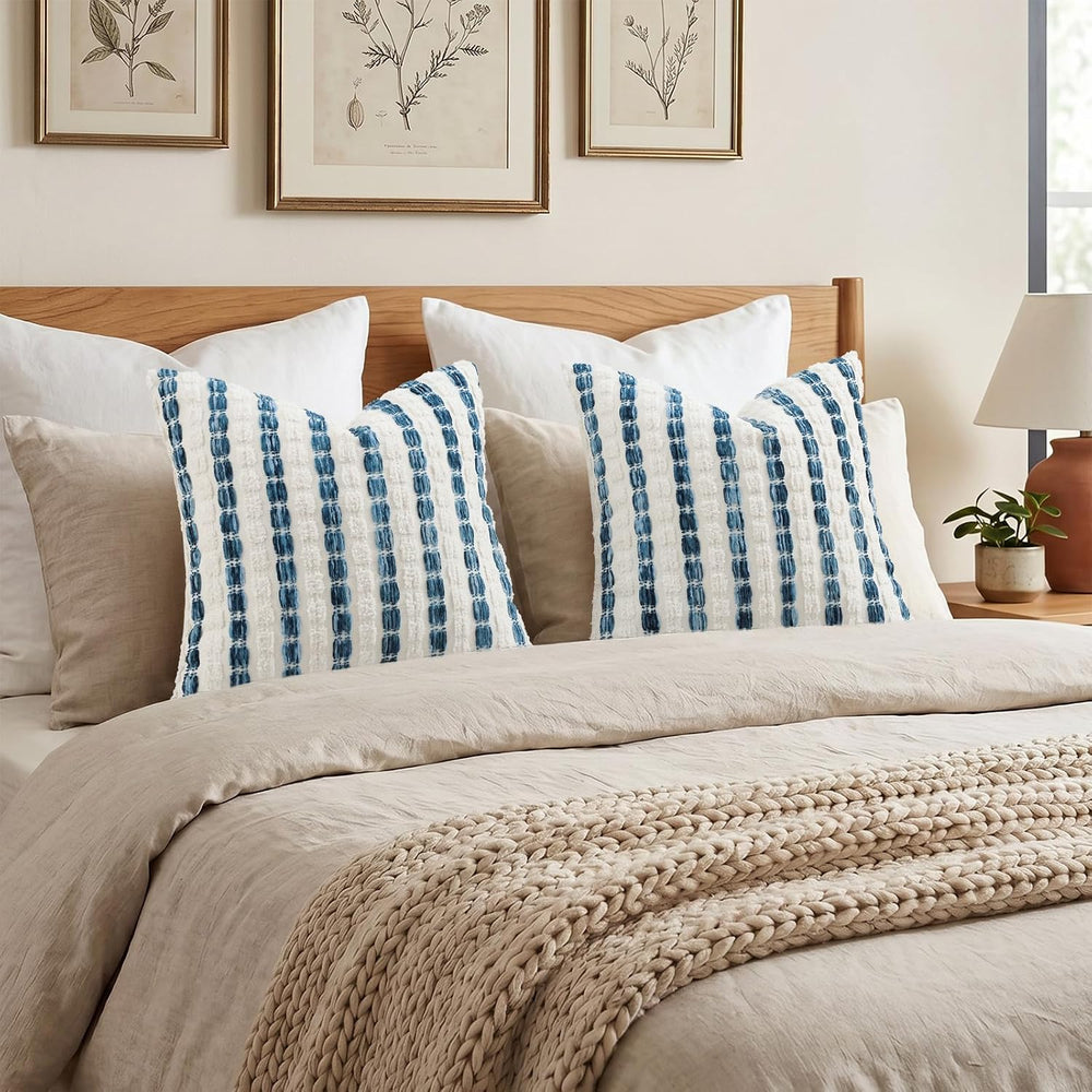 decorUhome Chenille Tufted Stripe Throw Pillow Covers 20x20 Set of 2 Blue