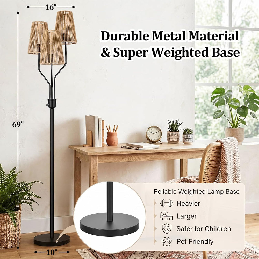 Bairth Boho Floor Lamp, Farmhouse Rattan 3-Light Floor Lamp for Living Room