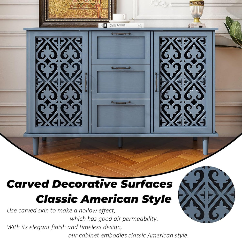 Sideboard Buffet Cabinet, Blue 2 Door 3 Drawer Storage Credenza