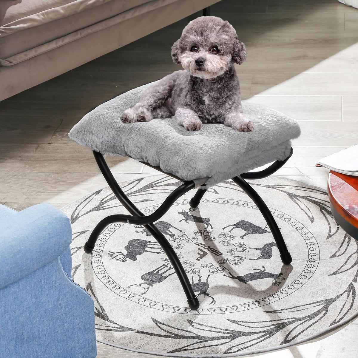 15" faux fur upholstered folding foot rest stool showing dimensions