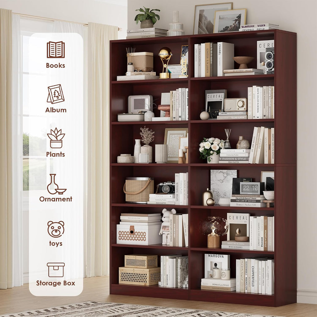 facbotall bookshelf and bookcase, 6-tier double wide bookshelves,freestanding showing dimensions