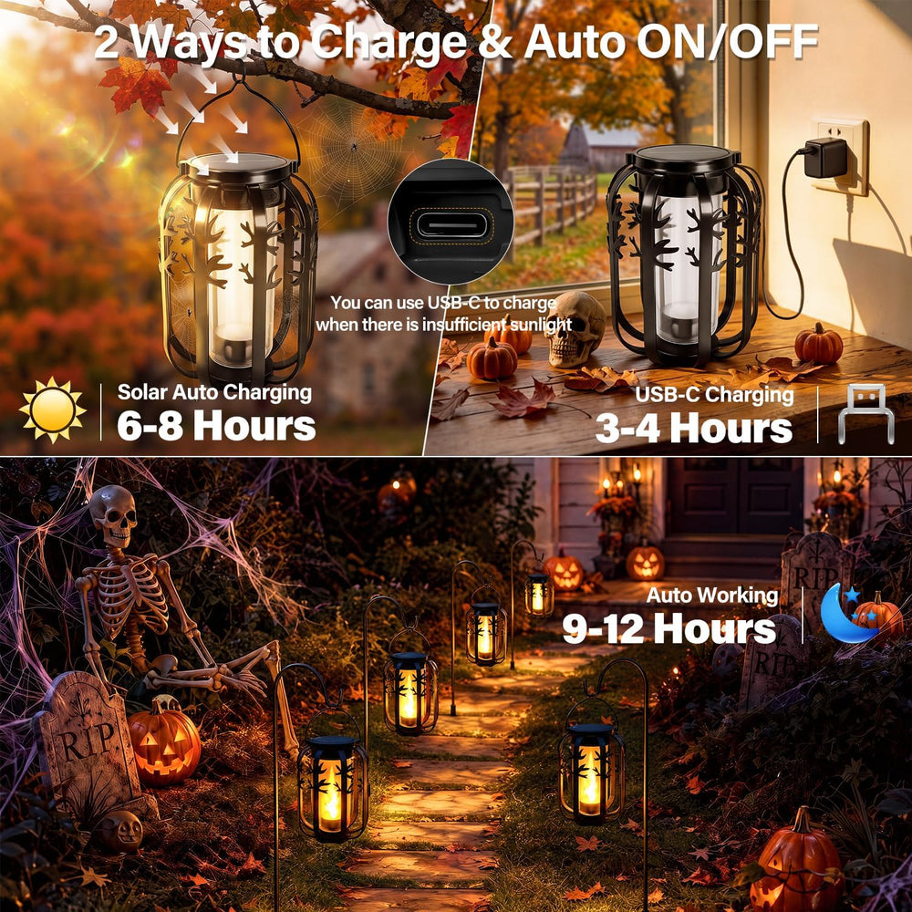 Halloween Solar Lanterns Outdoor 2Packs 4 Lighting Modes USB-C Rechargeable