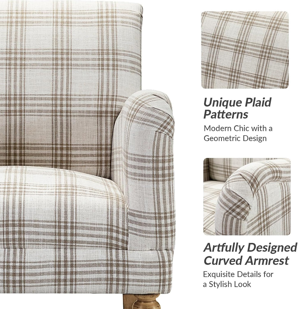 HULALA HOME Farmhouse Accent Chair with Plaid Pattern, Tan