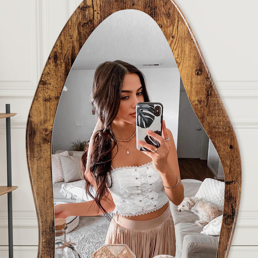 Full Length Mirror Wood Framed Full Body Mirror Wavy Retro Brown