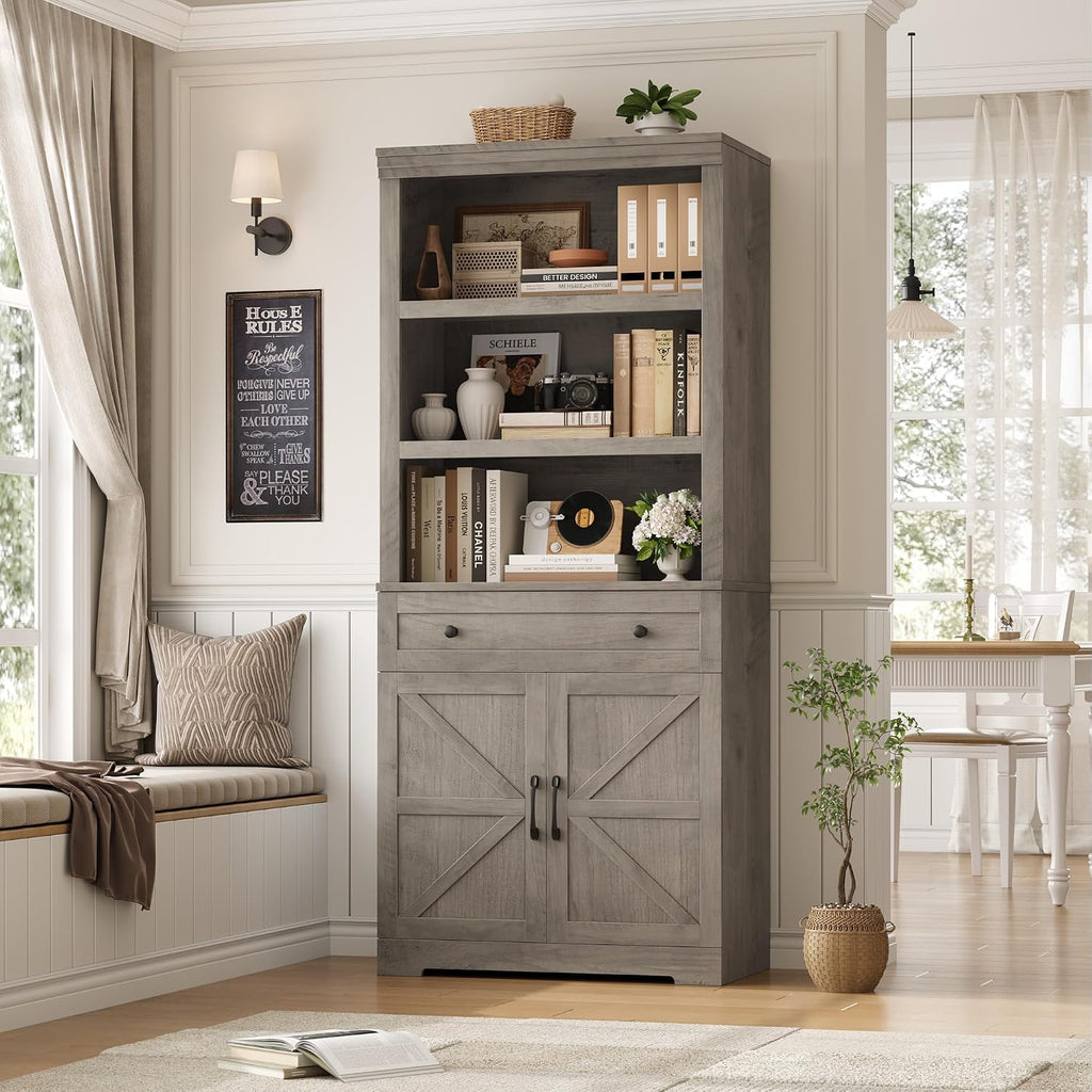 HOSTACK 72" Bookshelf with Storage, Tall Bookcase w/Deep Cabinet, Ash Grey