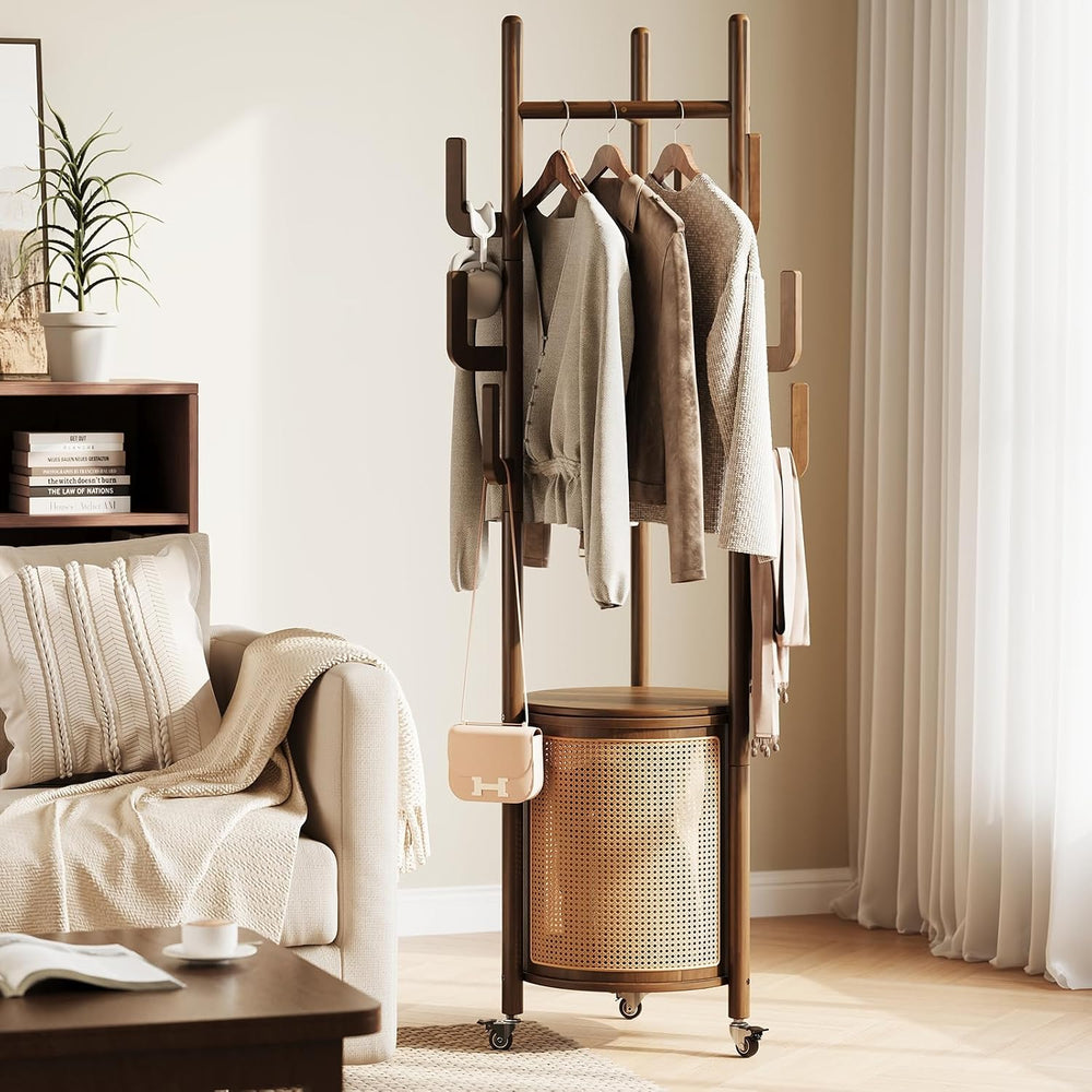 Yoobure Solid Wood Coat Rack - Rolling Clothes Rack with Rattan Basket