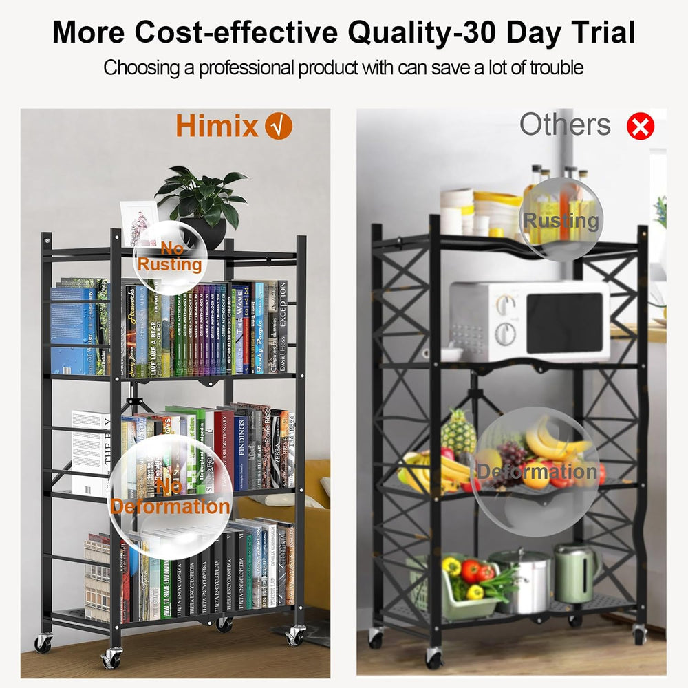 Himix 4-Tier Foldable Storage Shelf with Wheels 20 Hooks Black No Assembly