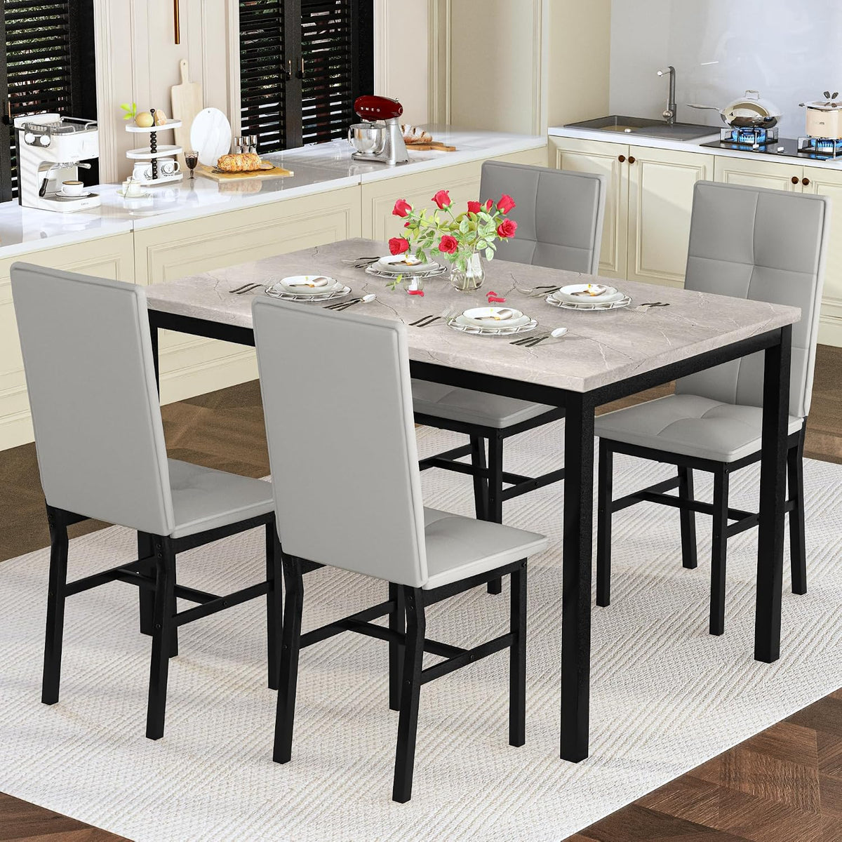 Hooseng Dining Table Set for 4, Faux Marble Small Kitchen Table with 4 PU Leather Chairs, Modern 5 Piece Dinner Table Set for Dining Room, Breakfast Nook, Samll Space, Grey