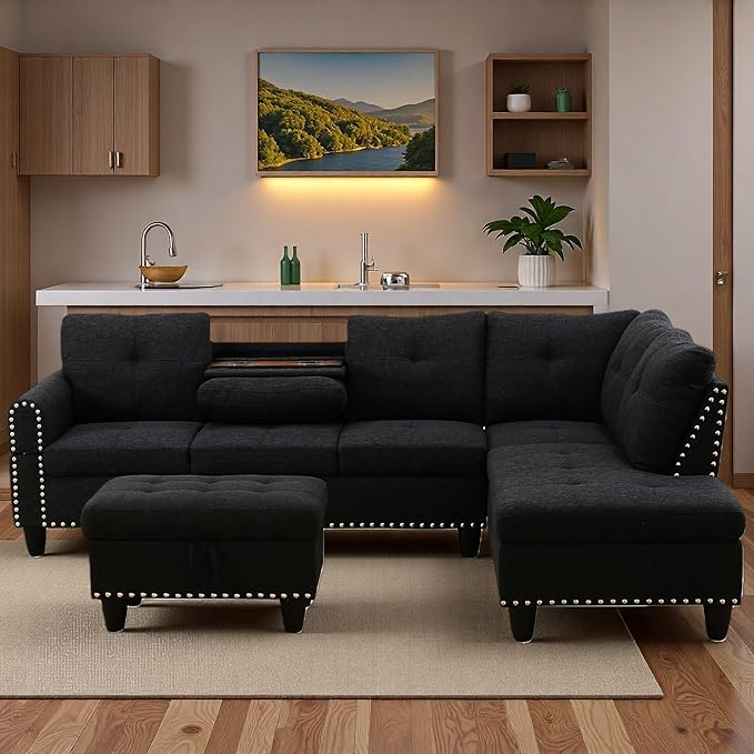Sectional Couches for Living Room with Movable Chaise & Storage Ottoman - 97.5" Linen L Shaped Couches for Living Room Apartment, Home Modular Sectional Sofas with Cup Holder, Grey