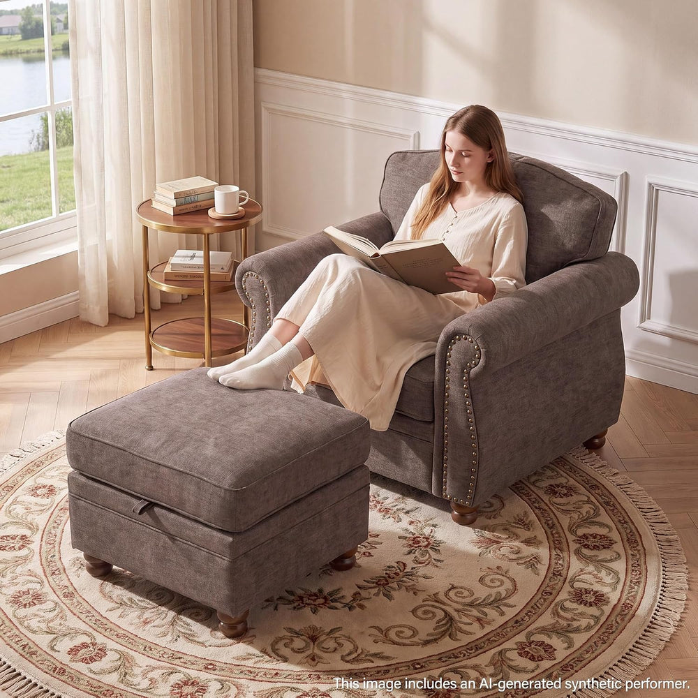 Traditional Accent Chair with Storage Ottoman, 41.3", Chenille, Brown