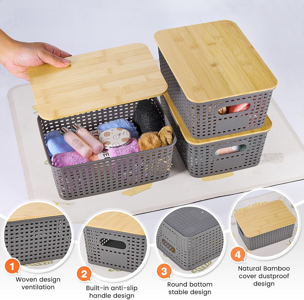 Ohmlove 6 Pack Plastic Storage Baskets with Bamboo Lids for Organization