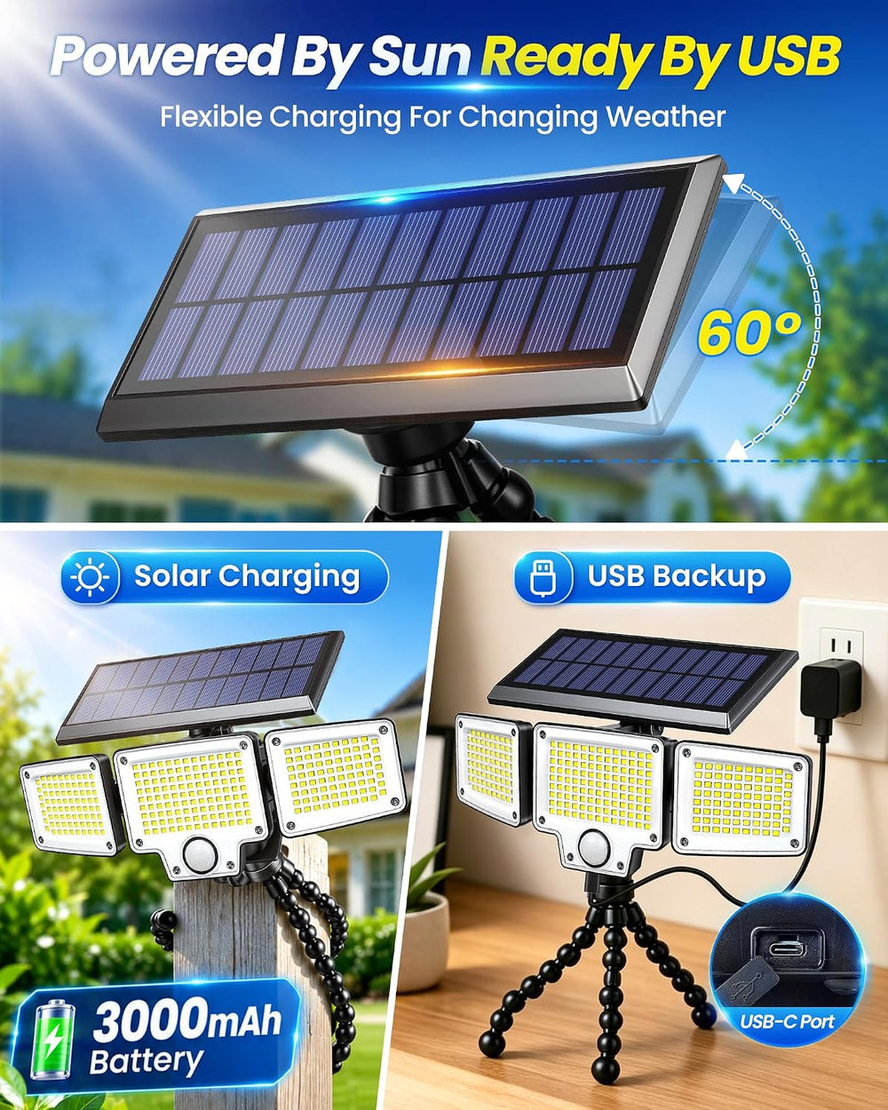 Solar Flood Lights with Motion Sensor,3000LM Octopus Tripod USB-C Remote