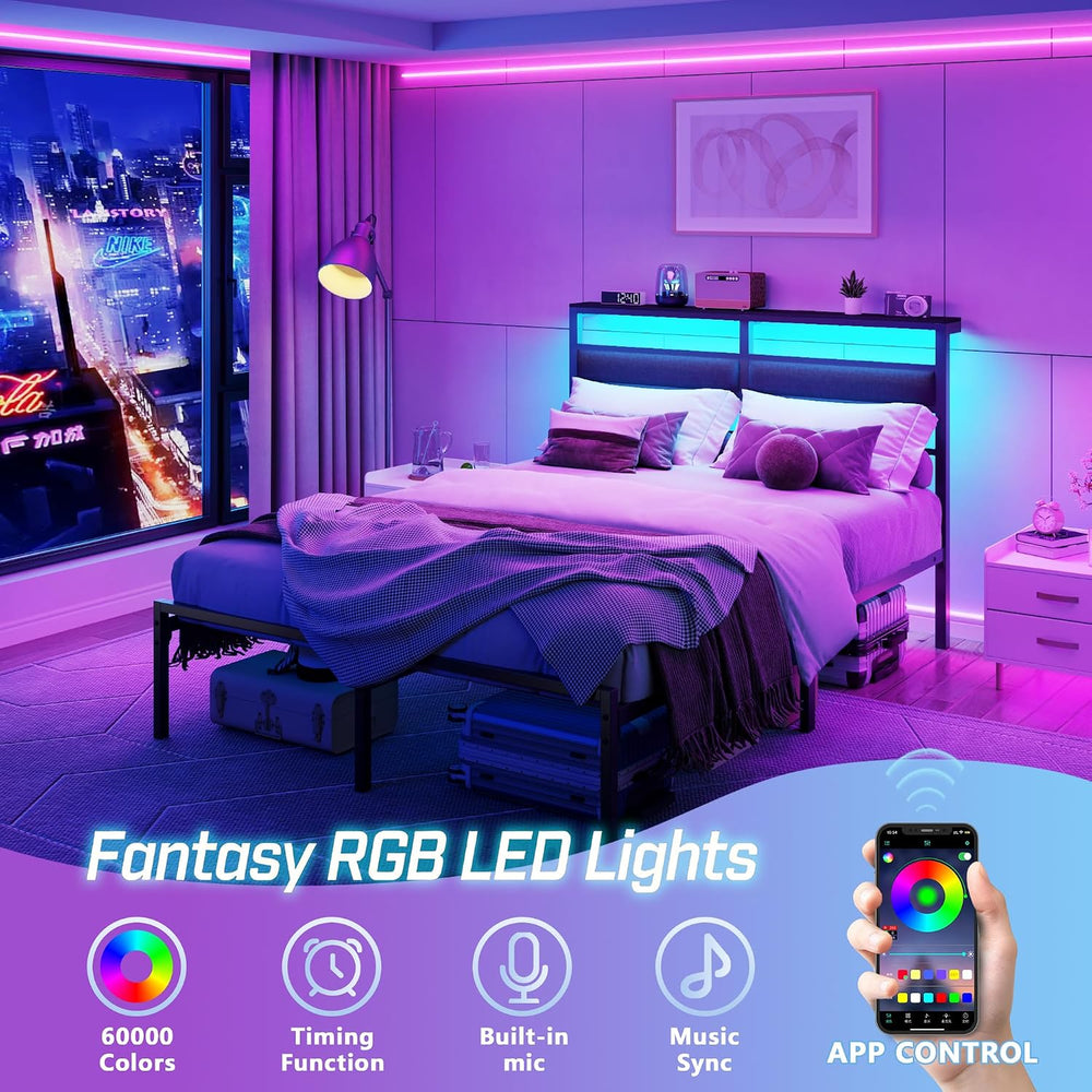 OURPIC Full Size Bed Frame with LED Lights & Charging, Black Platform Bed