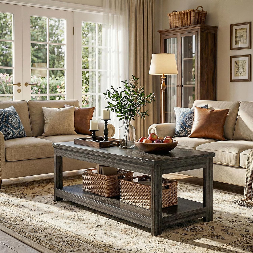 Homieasy 43.3” Farmhouse Coffee Table with Storage Shelf, Rustic Brown