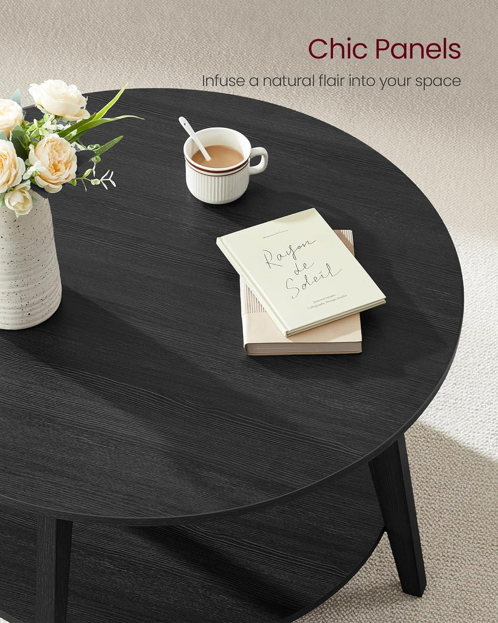 VASAGLE Round Coffee Table, 2-Tier Center Table with Storage, Tapered Legs