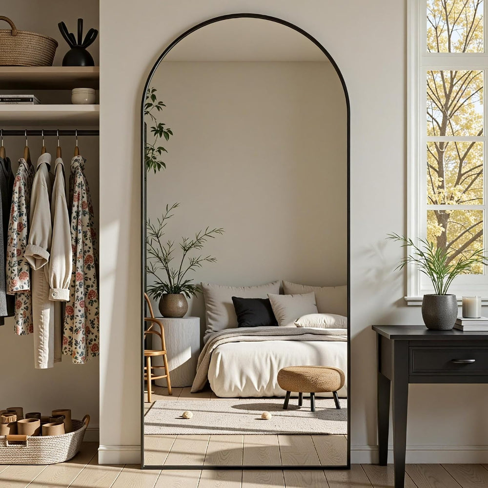 Oversized Floor Mirror, 72"x32" Arched Full Length Mirror, Black