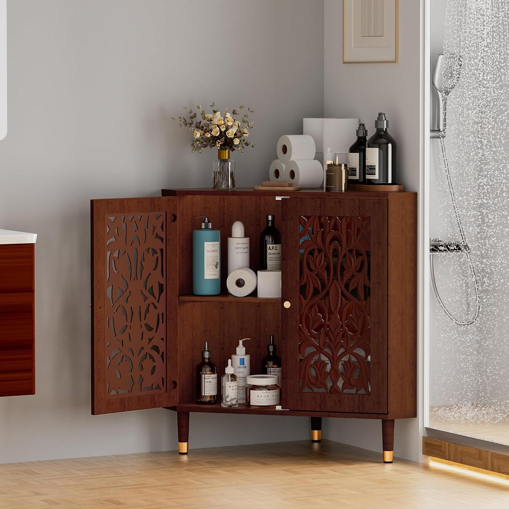 3More Retro Hollow Carved 2-Door Accent Corner Storage Cabinet, Brown