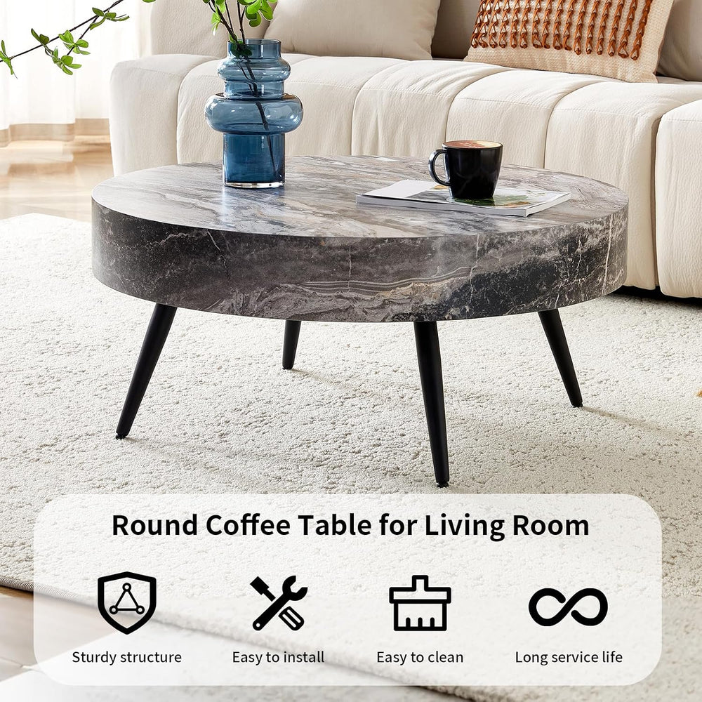 Round Coffee Table, Small Wood Marble Coffee Table with Metal Legs, Modern Mi...