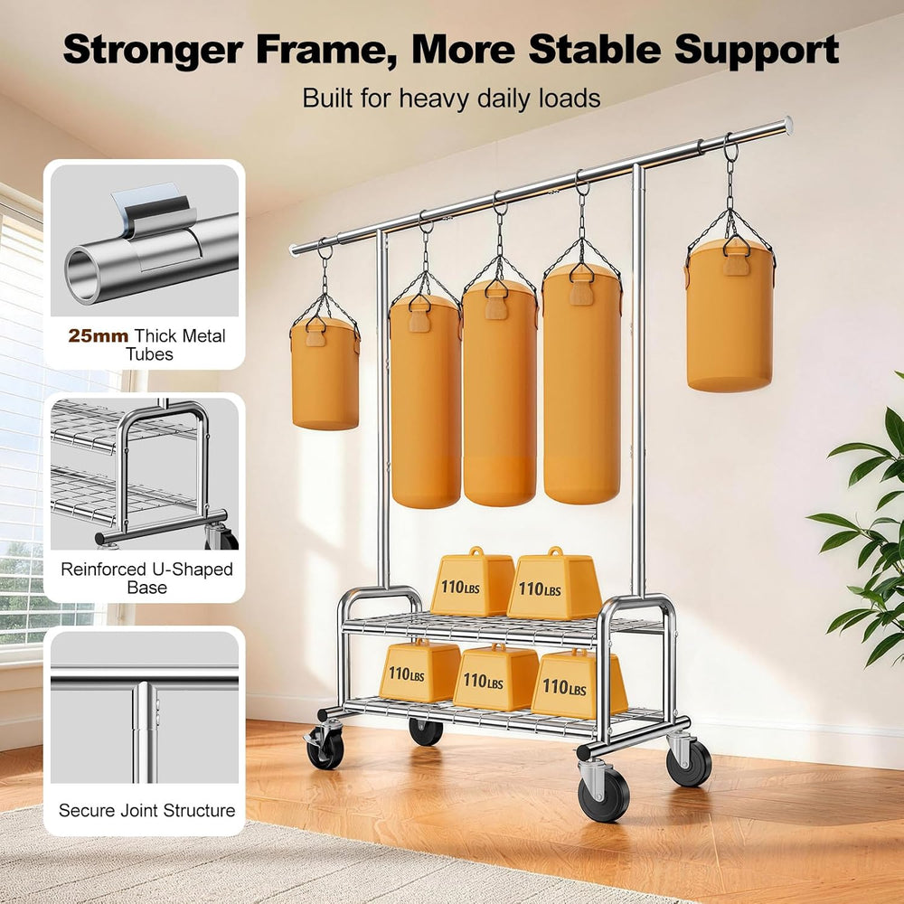 Clothes Rack Heavy Duty, 550 LBS Rolling Clothing Rack with Wheels, Silver