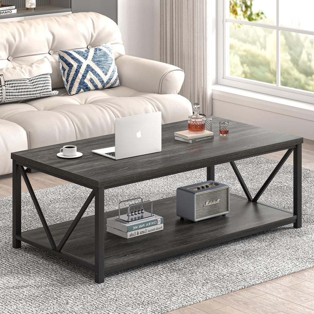 FOLUBAN Industrial Coffee Table with Storage Shelf, Modern Rustic Wooden and ...