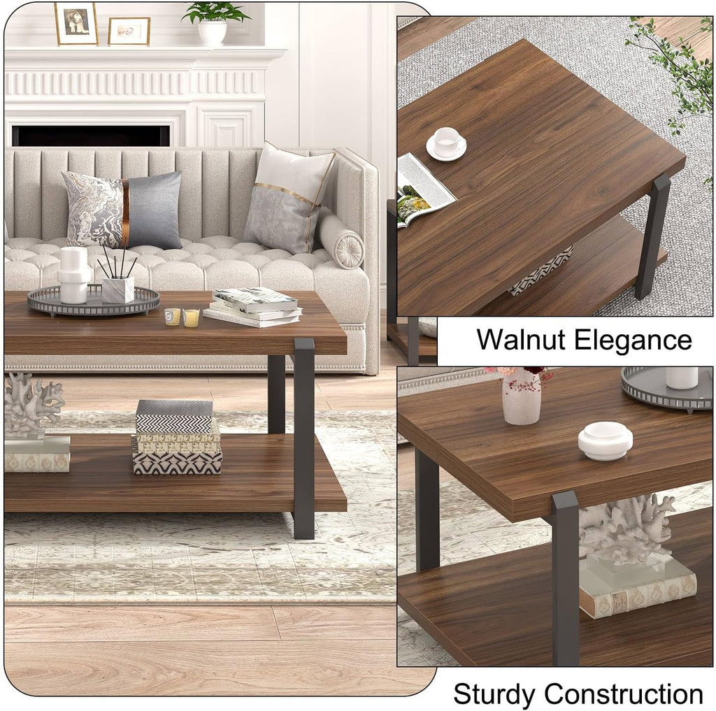 FOLUBAN Modern Coffee Table with Storage Shelf, Rustic Wood Center Table for Living Room, Walnut