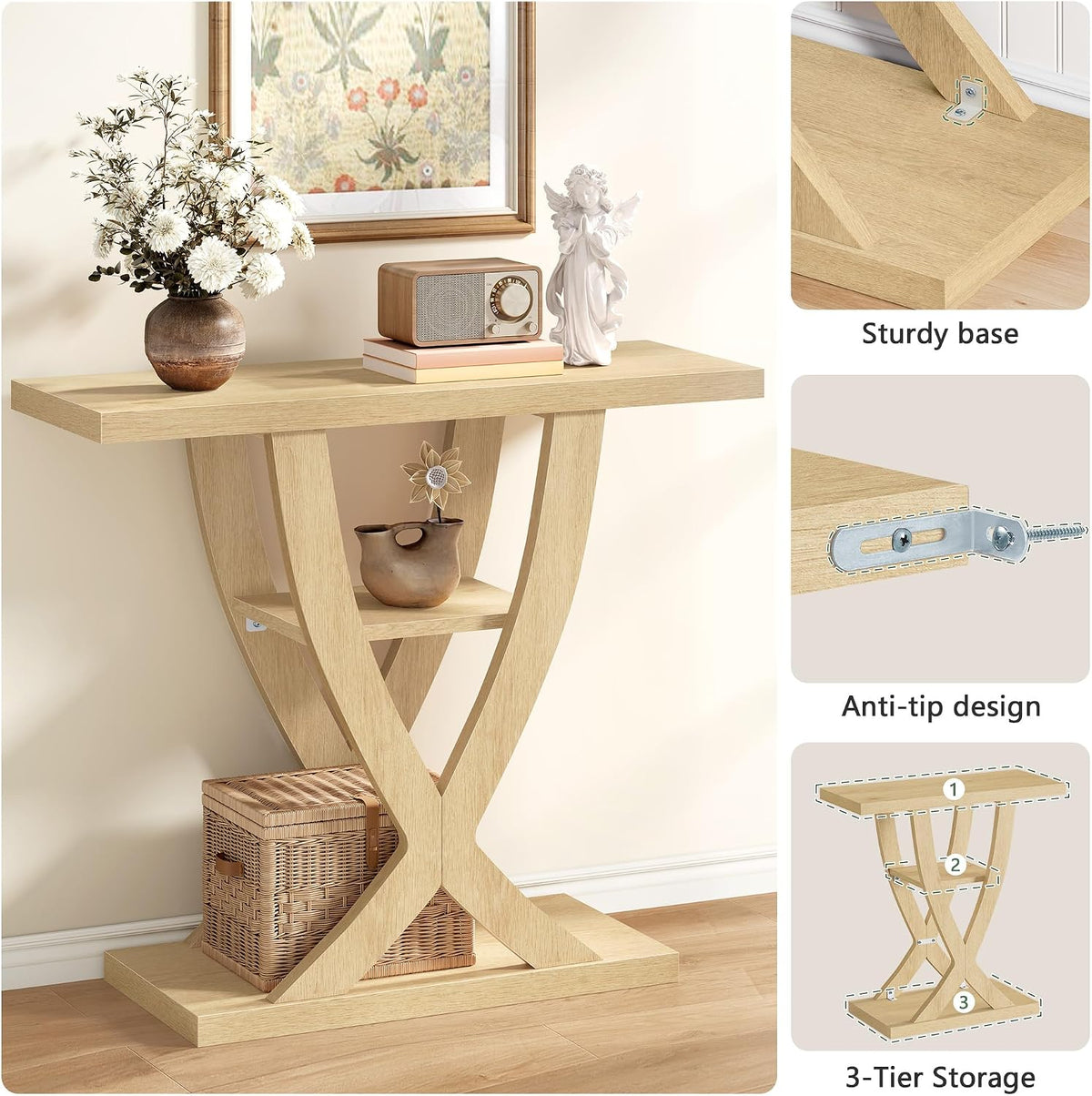 FAVOOSTY 31.5" Entryway Table, 3 Tier Hallway Table, Console Table, Natural