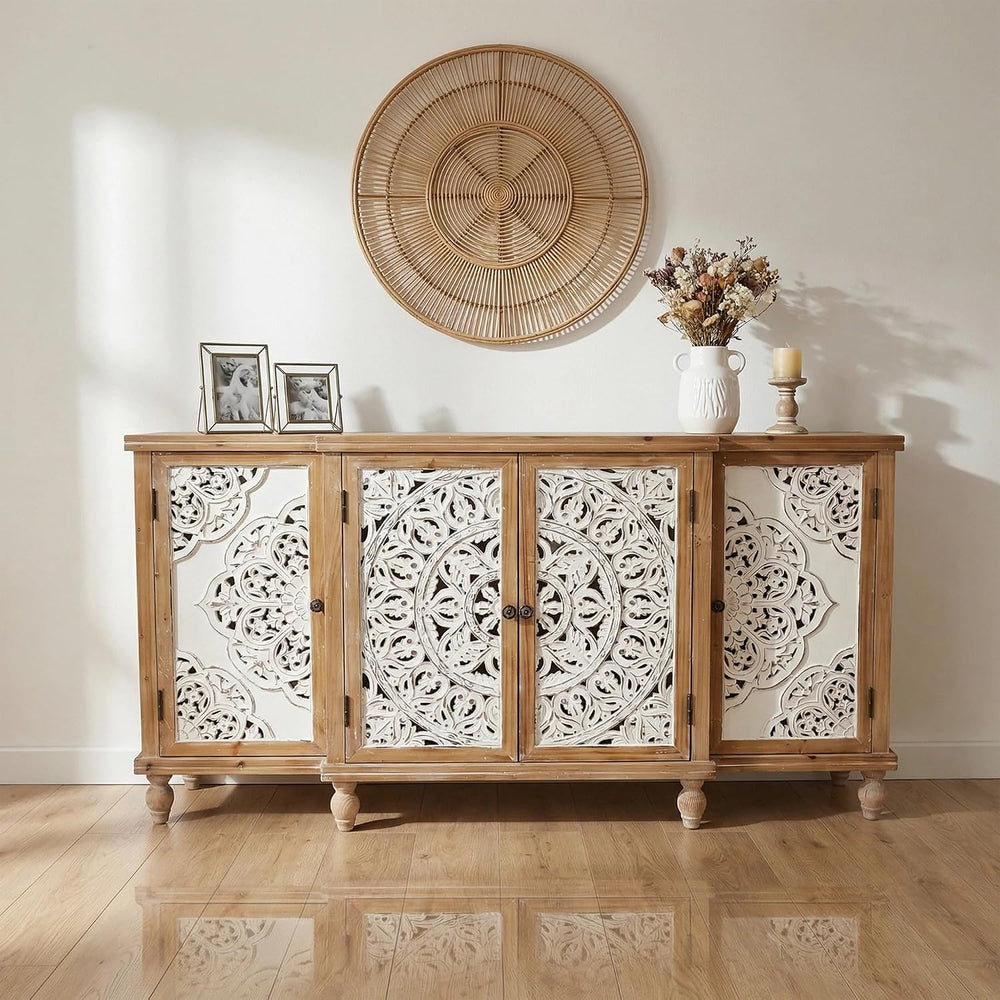 LKTART 63" Solid Wood Sideboard Buffet Cabinet with Storage,Carved Credenza