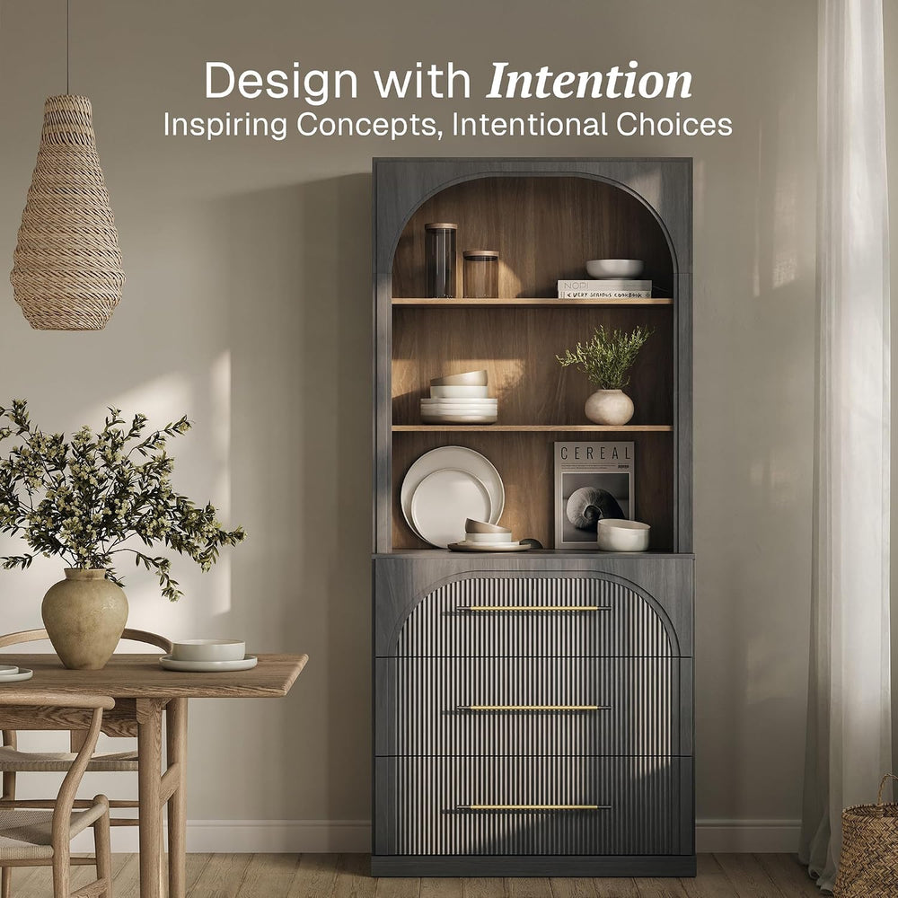BELLEZE Display Storage Cabinet with Hutch, 72" Tall Wood Modern Bookshe...