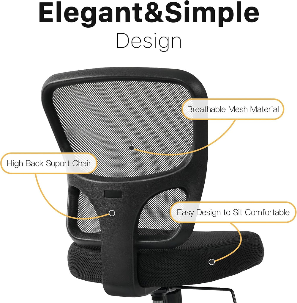 Armless Office Desk Chair Height Adjustable, Ergonomic High Back Mesh Task Ch...