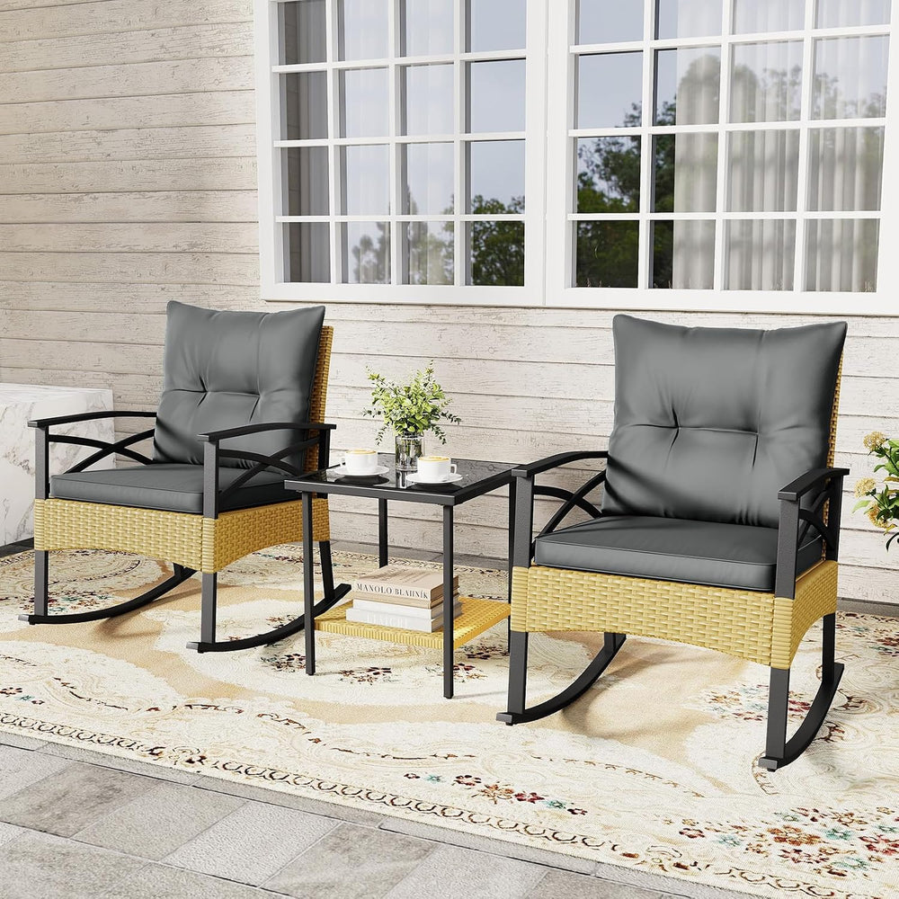 RELAX4LIFE 3-Piece Rattan Patio Rocking Chair Set, 2 Wicker Glider Rocking Ch...