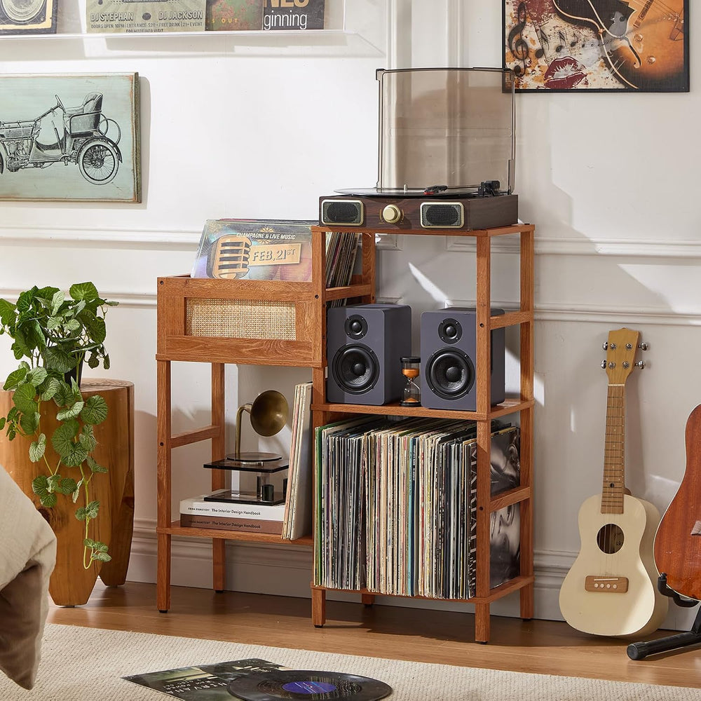 LELELINKY Record Player Stand, Brown Wood Record Holder with Vinyl Storage Ho...