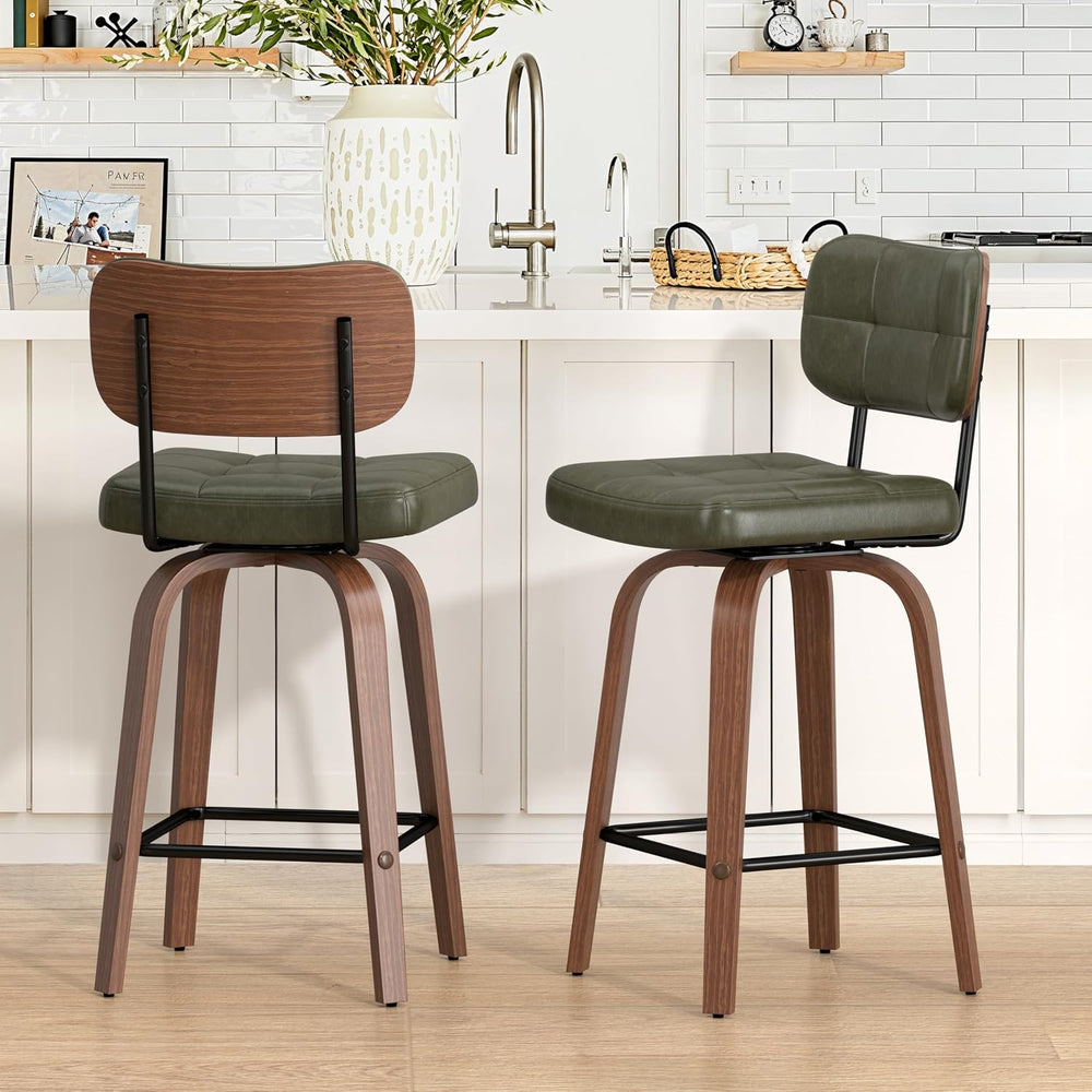 Bar Stools Set of 2 Swivel Counter PU Leather, Deep Green