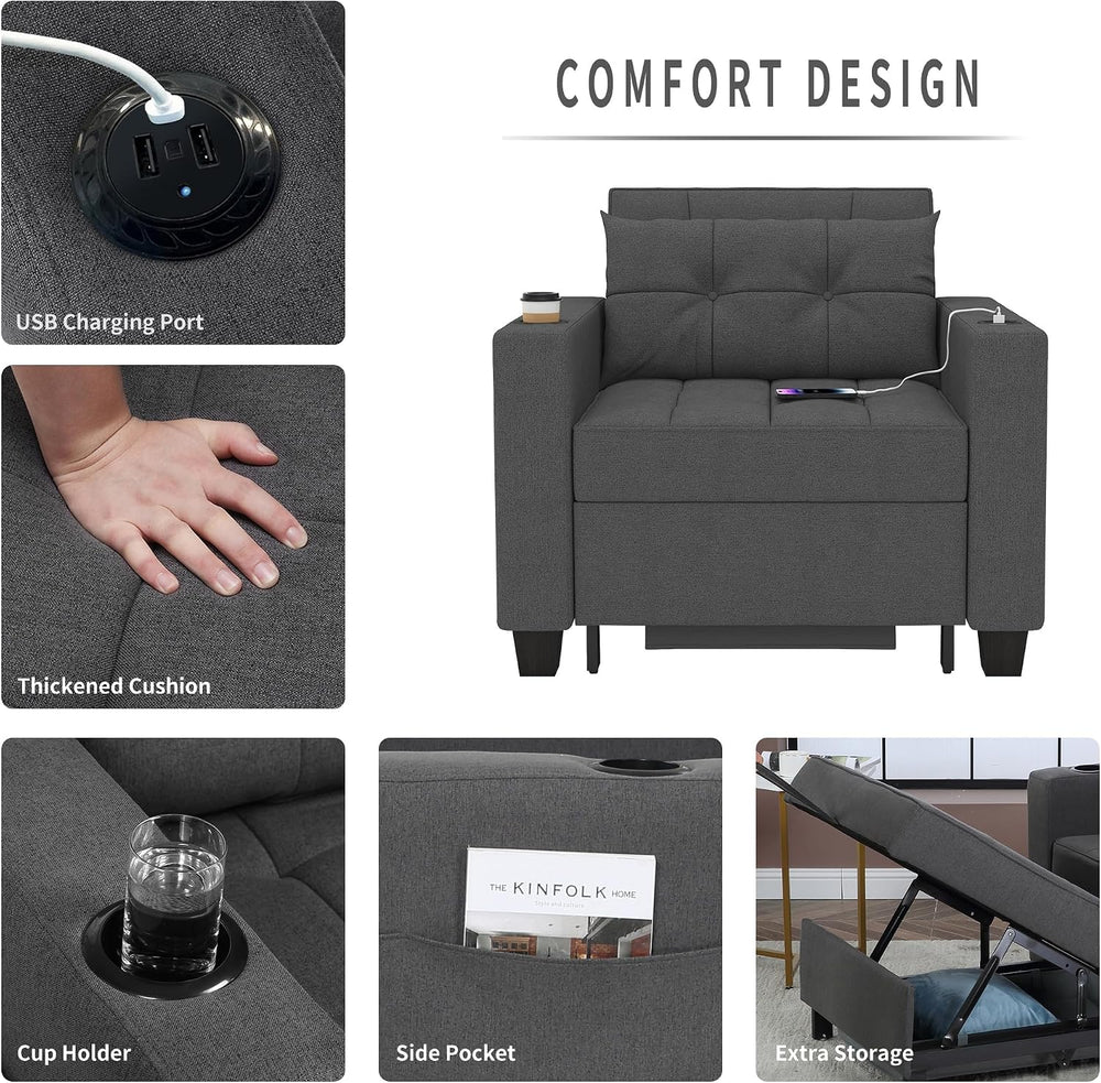 36" 3-in-1 Sleeper Chair, Convertible Pull Out Sofa Bed, Dark Gray Linen