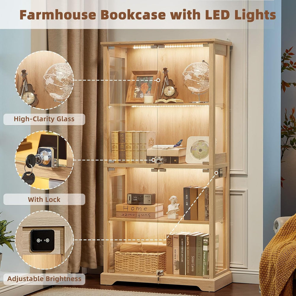 LELELINKY Farmhouse Glass Display Cabinet with Lock, Natural Wood