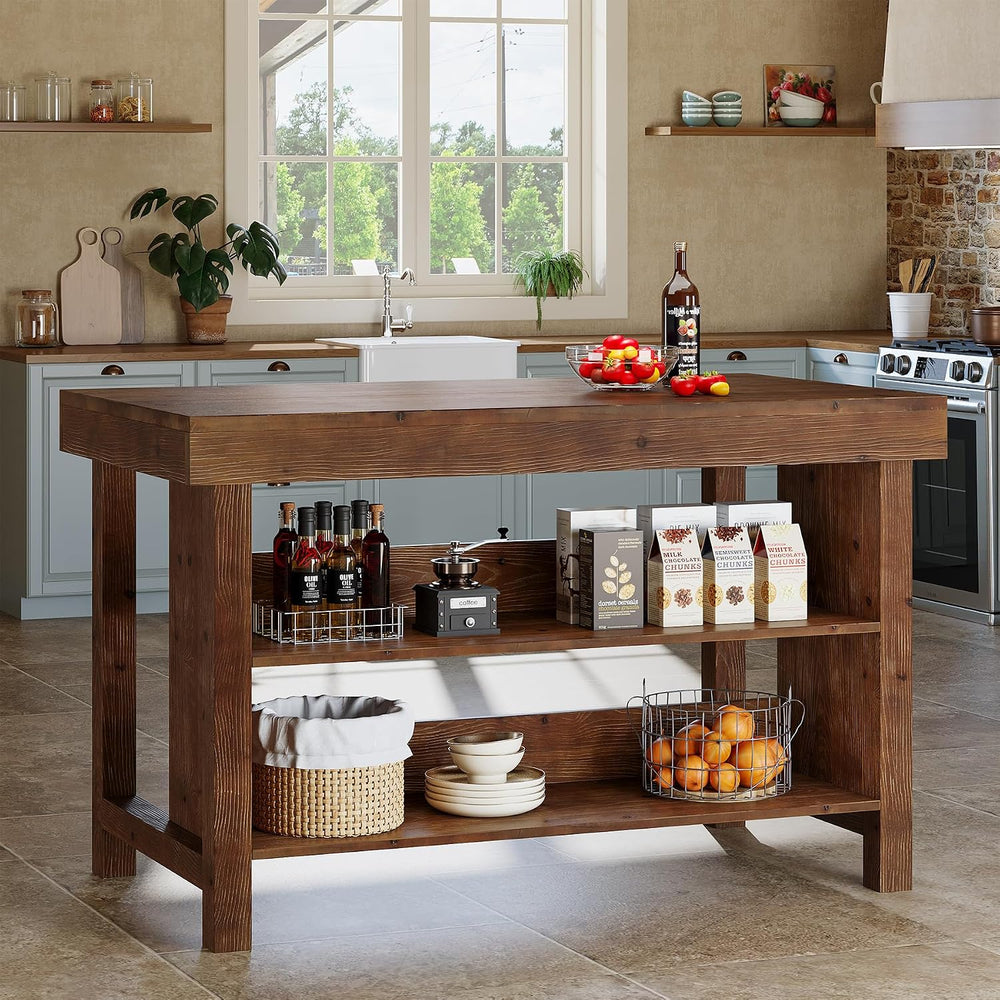Solid Wood Kitchen Island, 3-Tier 55 Inch Stationary Island Table