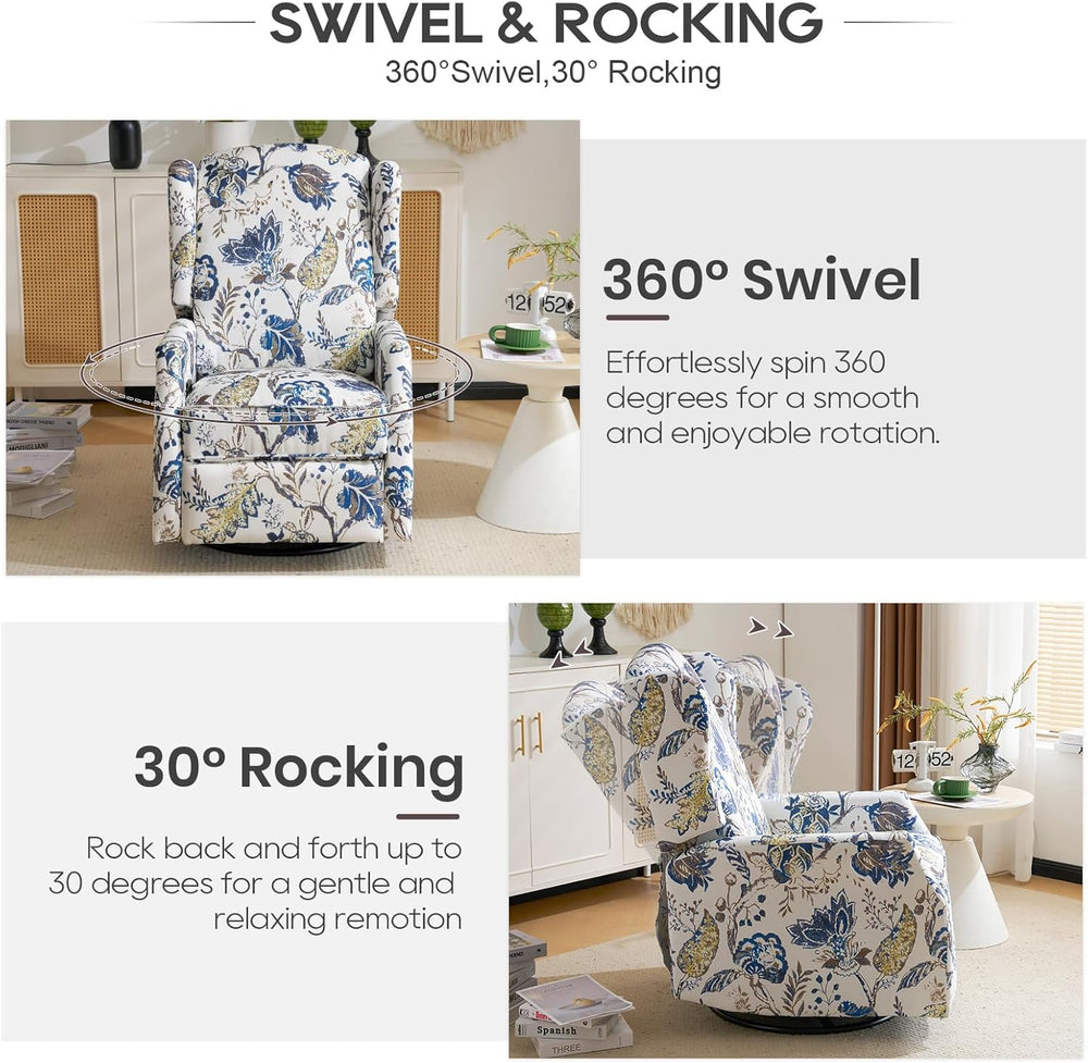 Floral Accent Swivel Rocker Recliner, Wingback Recliner Chair with Padded Sea...