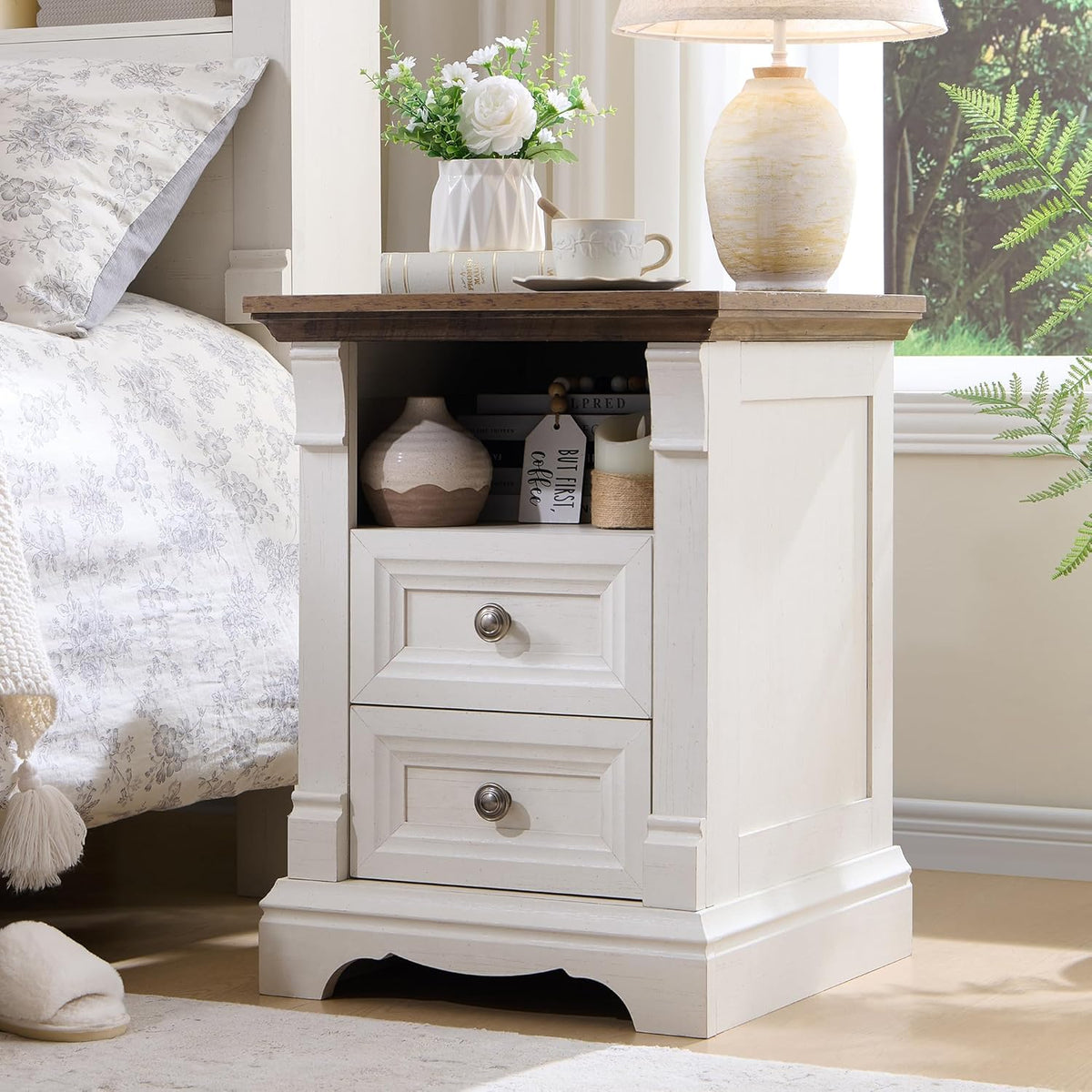 Farmhouse Nightstand with Charging Station 18"Wood End Table w/Roman Column