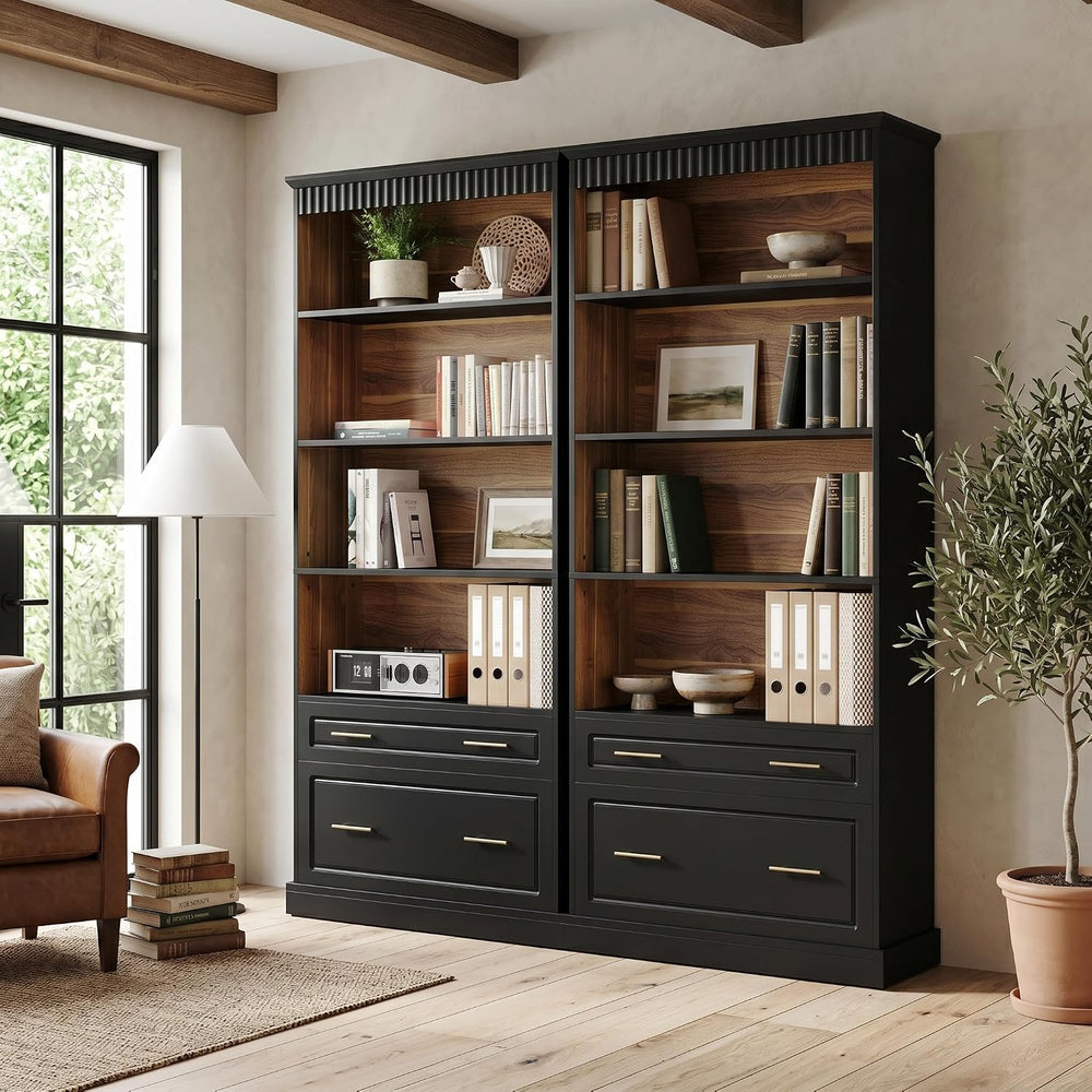 LITTLE TREE 72" Tall Black Bookcase, 5-Tier Office Bookself with File Ca...