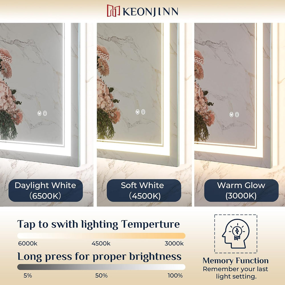Keonjinn 22" x 32" LED Mirror for Bathroom, Front & Backlit, Te...