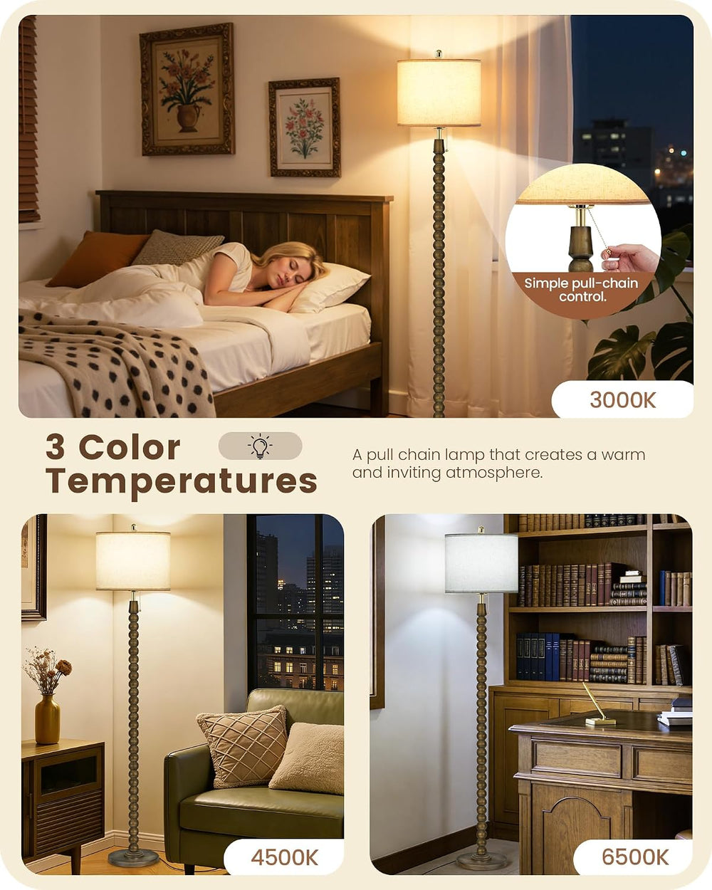 65" Solid Wood Beaded Floor Lamp with Pull Chain Switch, 3CCT, Walnut Green