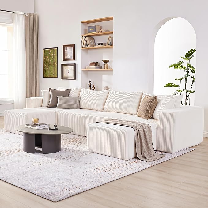135.4" Cloud Couch Sectional, Modular Sectional Sofa with Deep Seat, Plush Corduroy U Shaped Couch, Convertible Sectional Couches for Living Room, 6Seat, Beige
