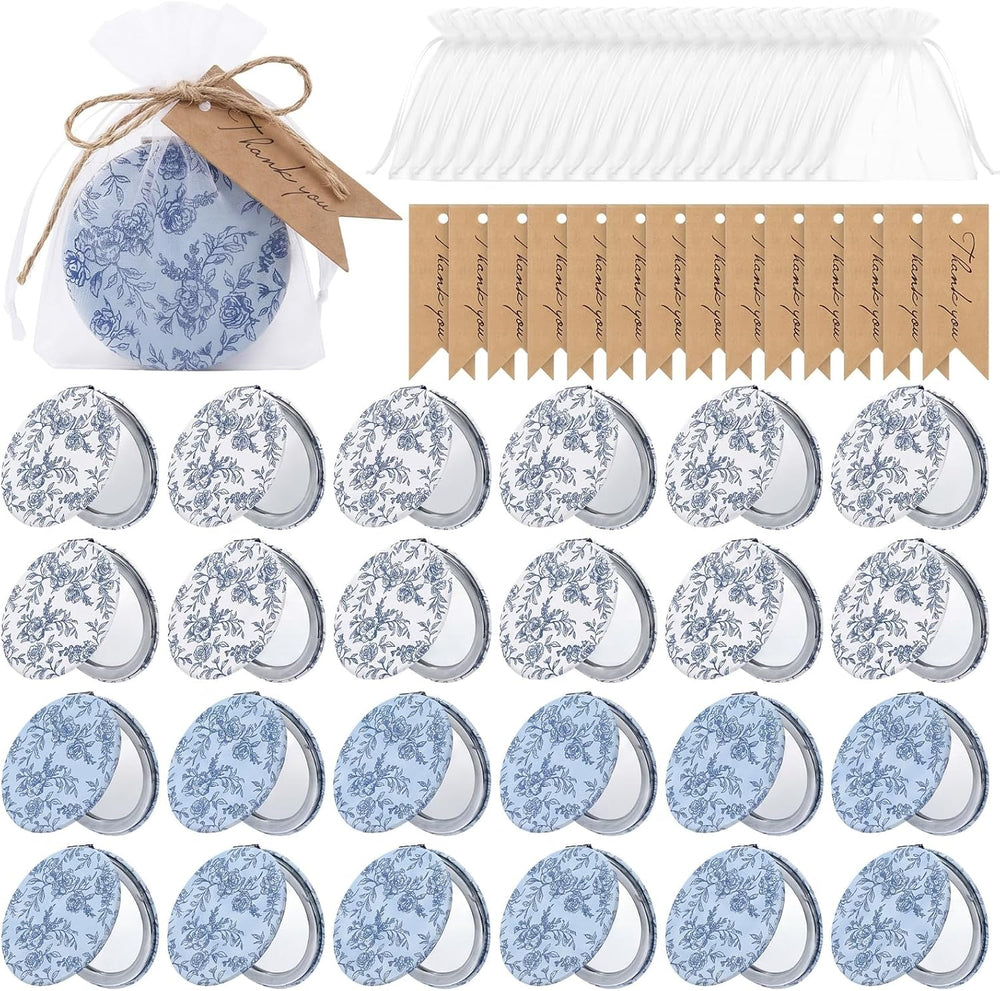 RattanView 24 Set Blue Floral Compact Mirrors Bulk, Bridal Shower Favors