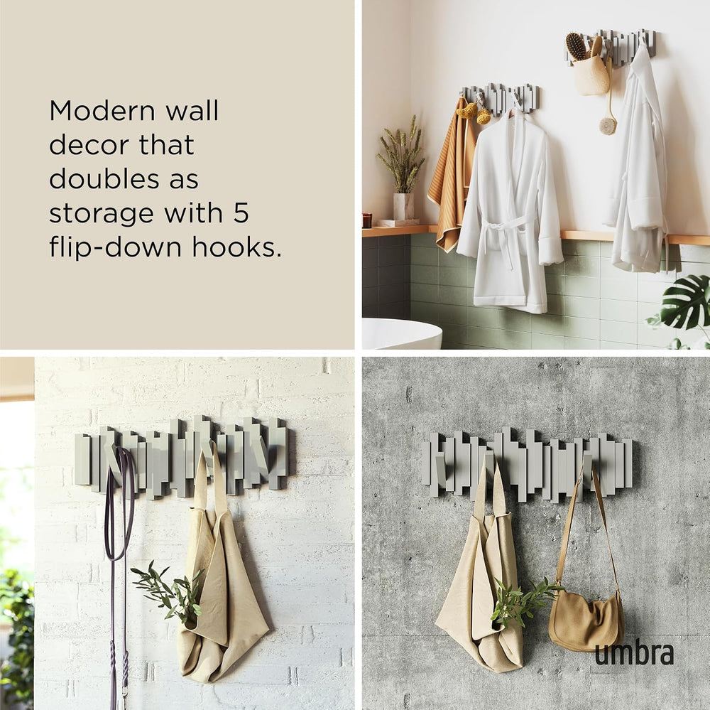 Umbra Sticks Wall Mount Coat Rack, 5 Hook Retractable Pegs, Grey