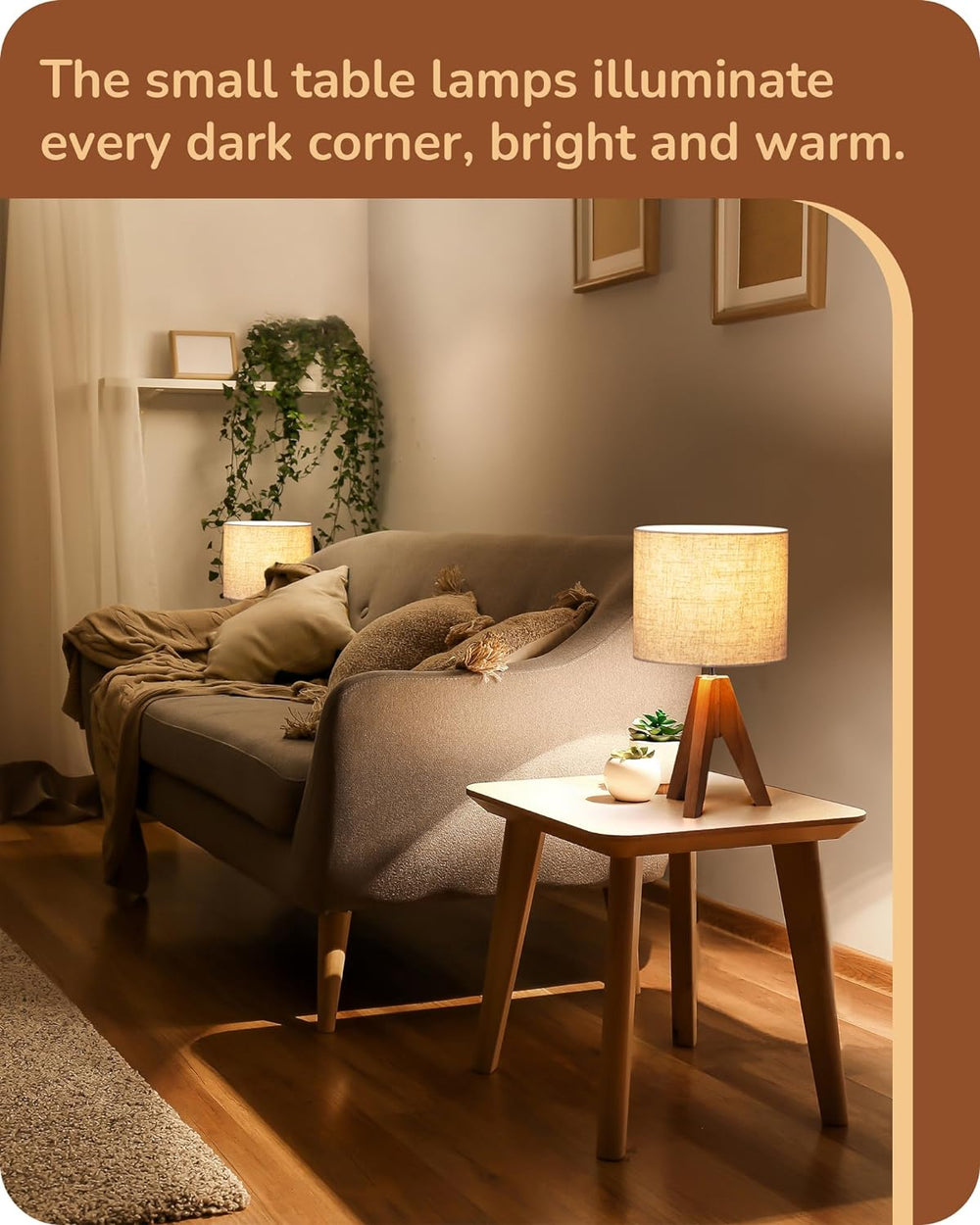 EDISHINE Small Table Lamp, Wooden Tripod Nightstand Lamp, 14.2", 2 Pack
