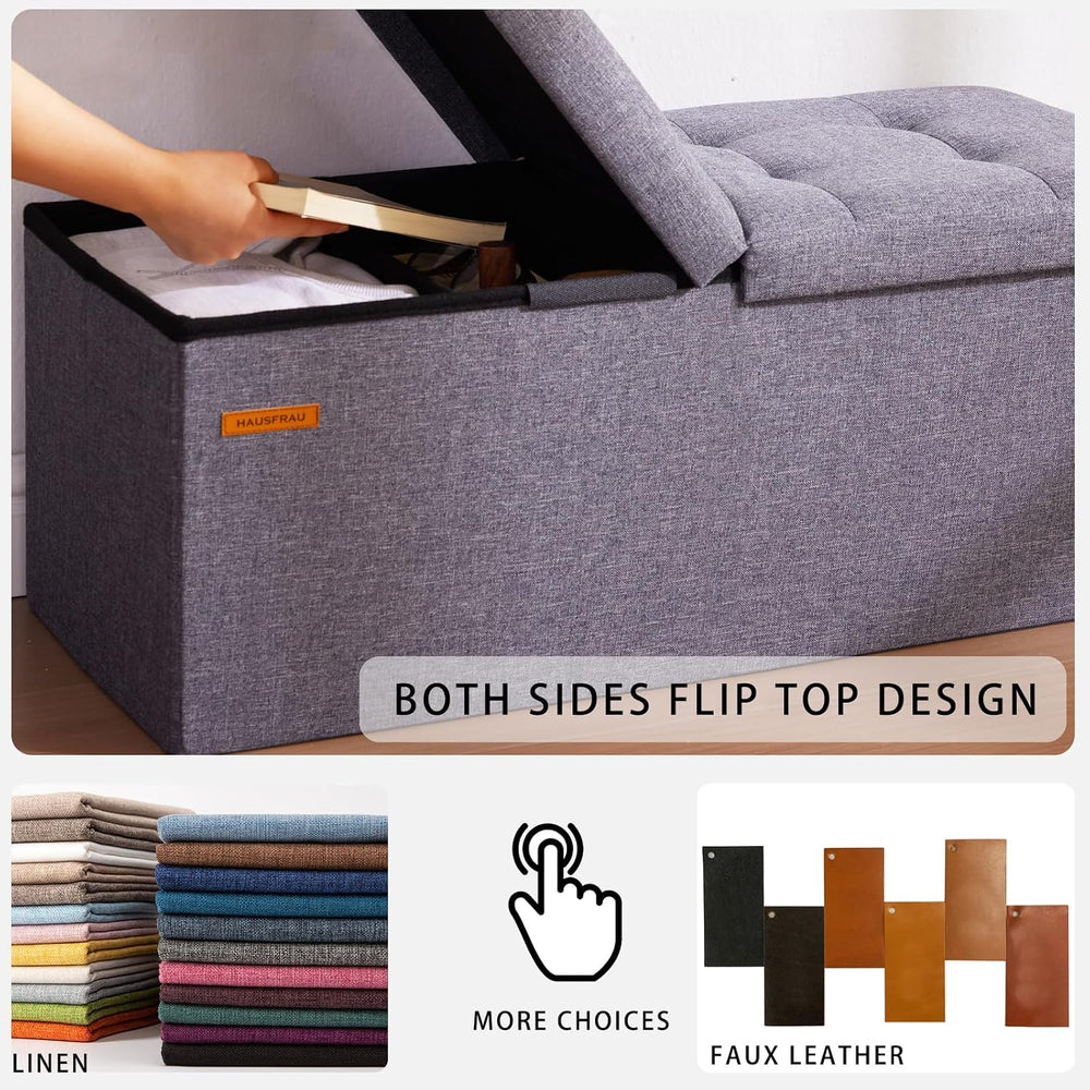 HAUSFRAU Ottoman with Storage Bench Folding Foot Rest Stool Linen Espresso