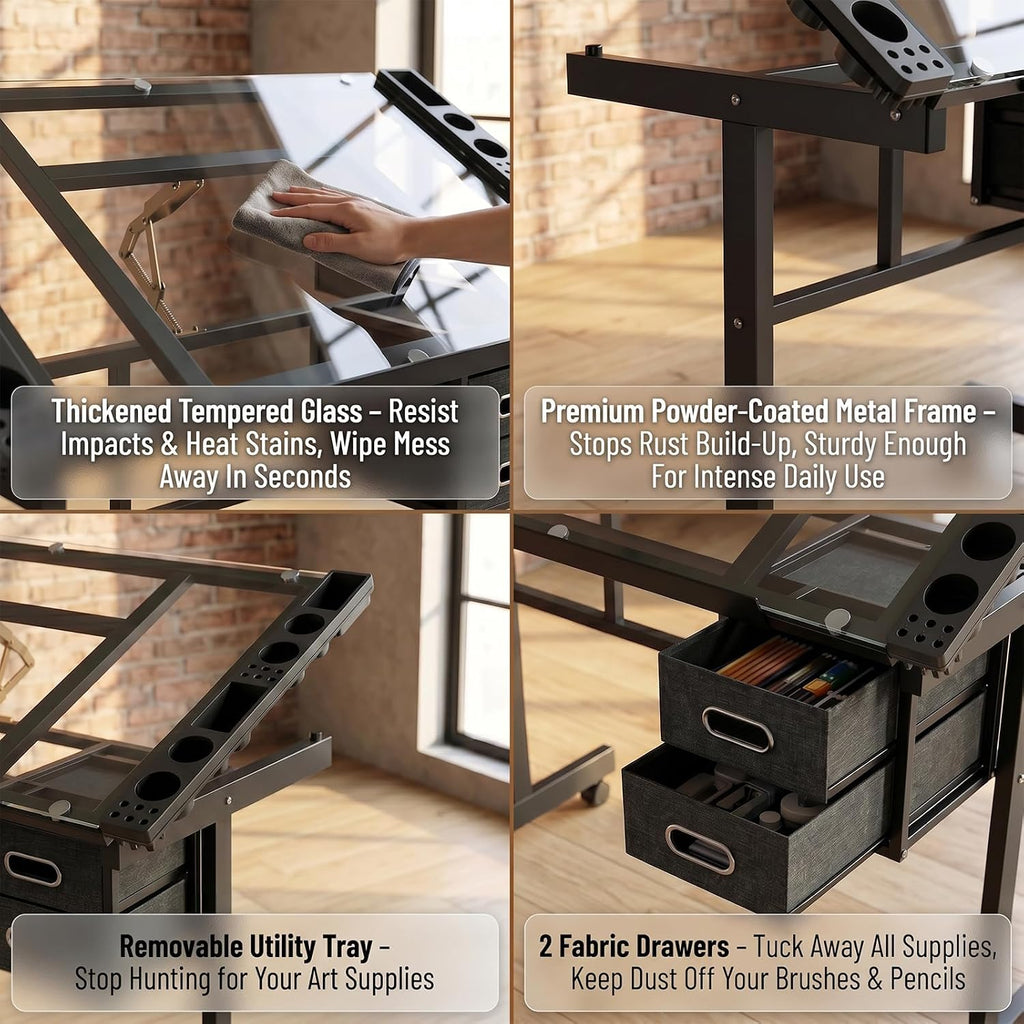 Rolling Drafting Table on Wheels, Painting Table Art Craft Desk Crafting Table with Tilting Transparent Tempered Glass Top, 2 Fabric Storage Drawers and 4 Wheels (Black)